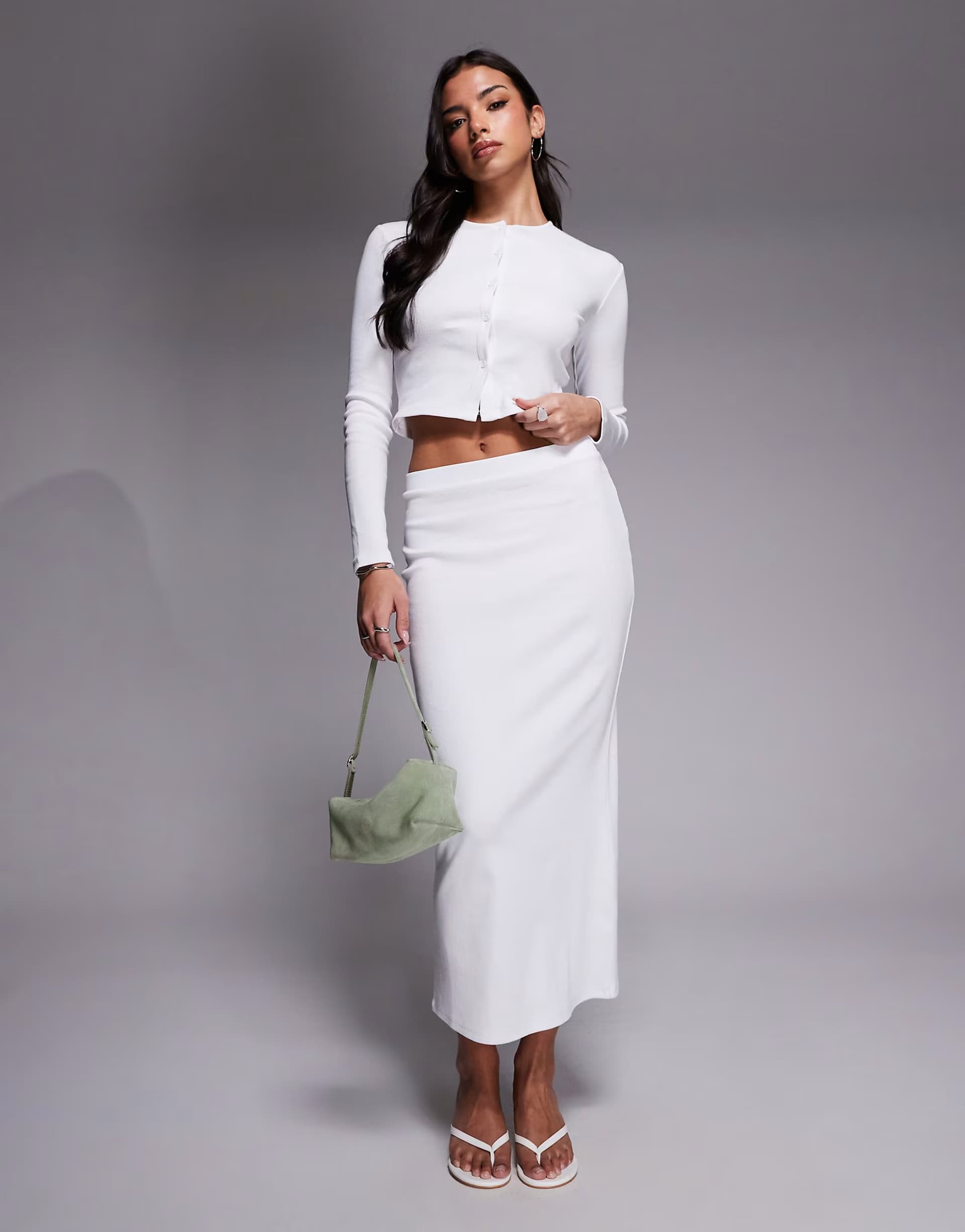 ASOS The Frolic exclusive ribbed button through long sleeve top and maxi column skirt co-ord in white