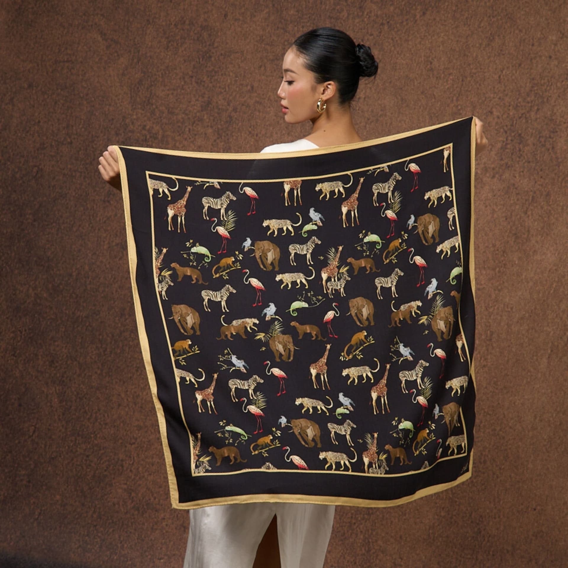 Silk and Bears Silk and Bears Black Safari Print Silk Wool Scarf