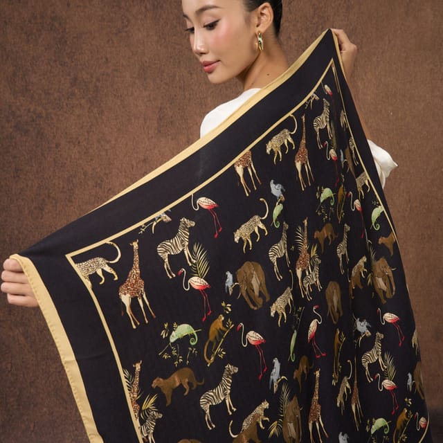 Silk and Bears Silk and Bears Women's Noir Safari Print Silk Wool Scarf - Square Luxury Wrap in Black - 3