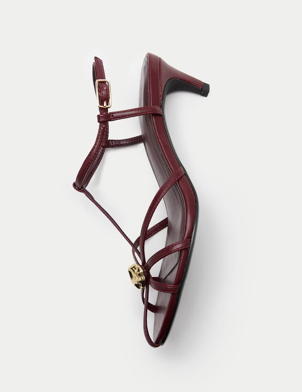 Marks & Spencer M&S Burgundy Strappy Kitten Heel Sandals With Gold Trim
