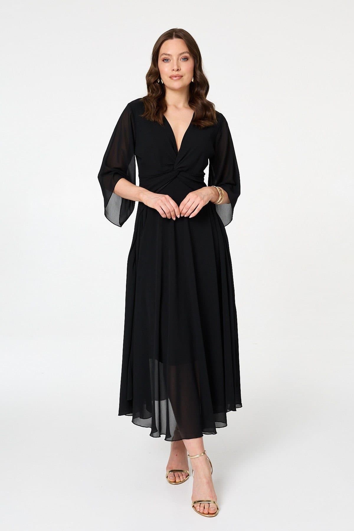 Izabel London Izabel London Women's Twist Front Layer 3/4 Sleeve Maxi Dress in Black