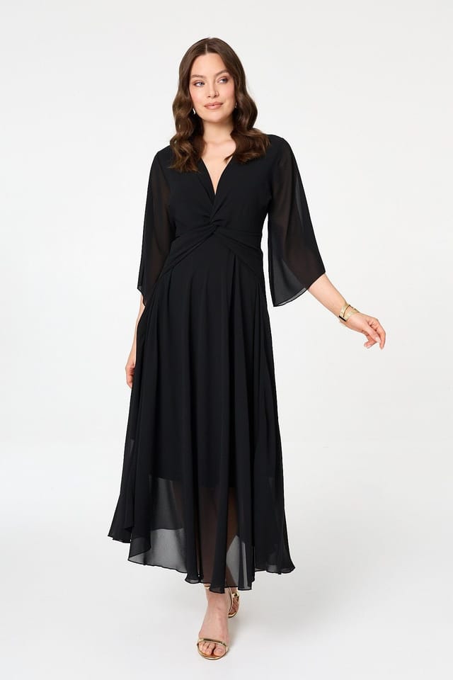 Izabel London Izabel London Women's Twist Front Layer 3/4 Sleeve Maxi Dress in Black - 2