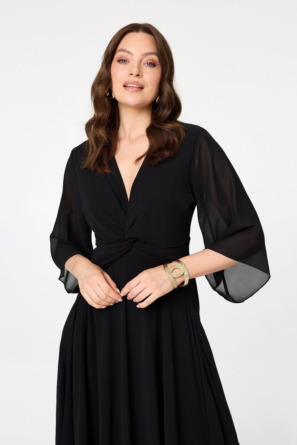 Izabel London Izabel London Women's Twist Front Layer 3/4 Sleeve Maxi Dress in Black - 4