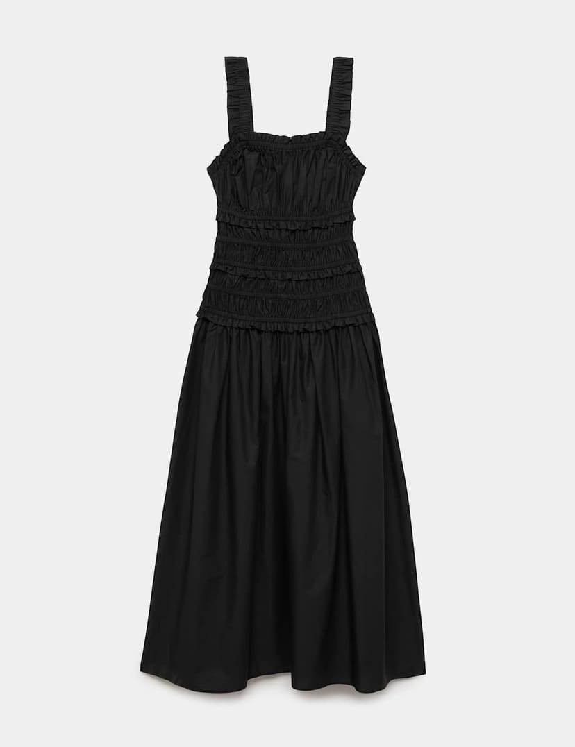 Marks & Spencer M&S Pure Cotton Shirred Midi Waisted Dress Black - 1