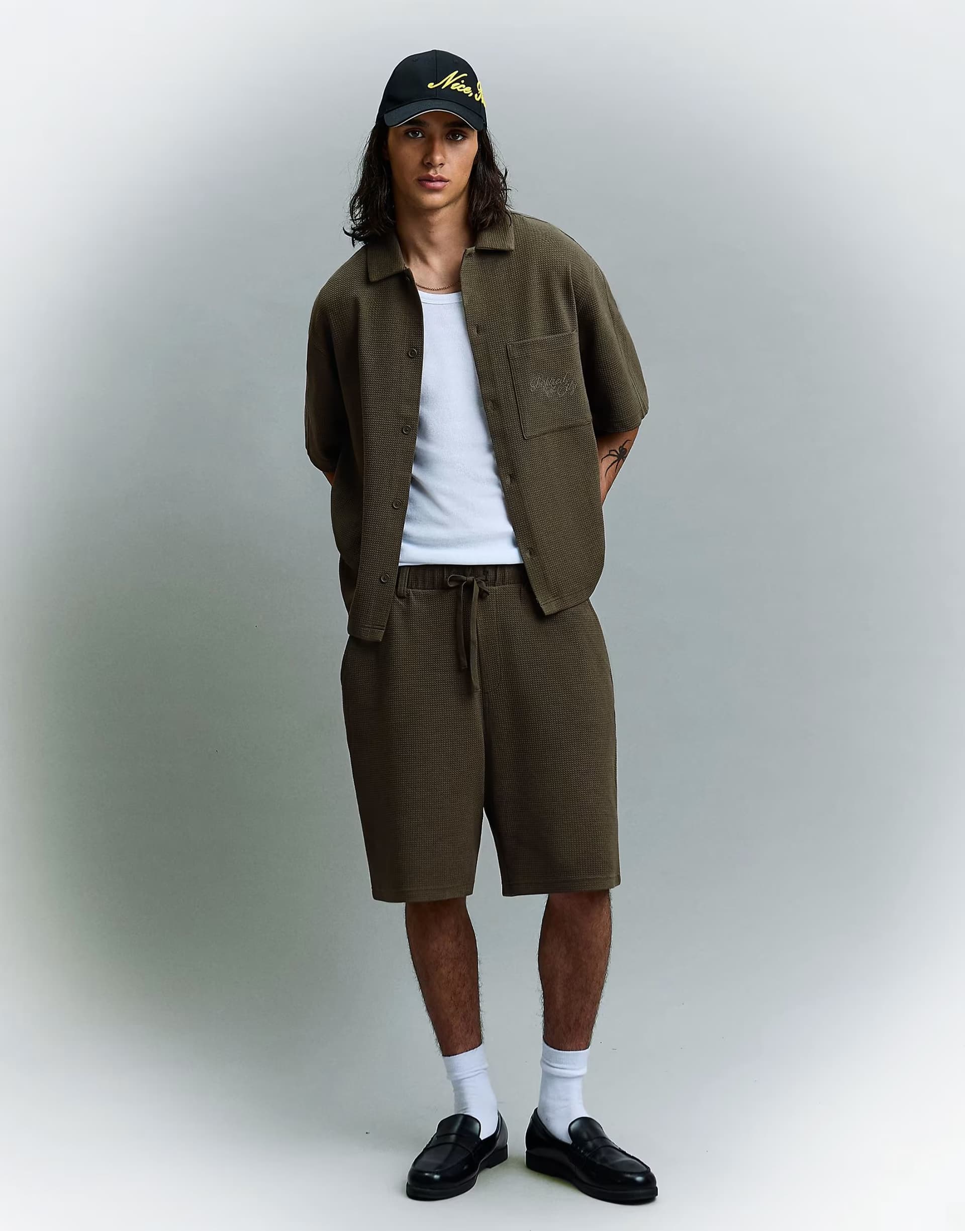 ASOS Bershka Waffle short sleeve shirt (co-ord) in khaki