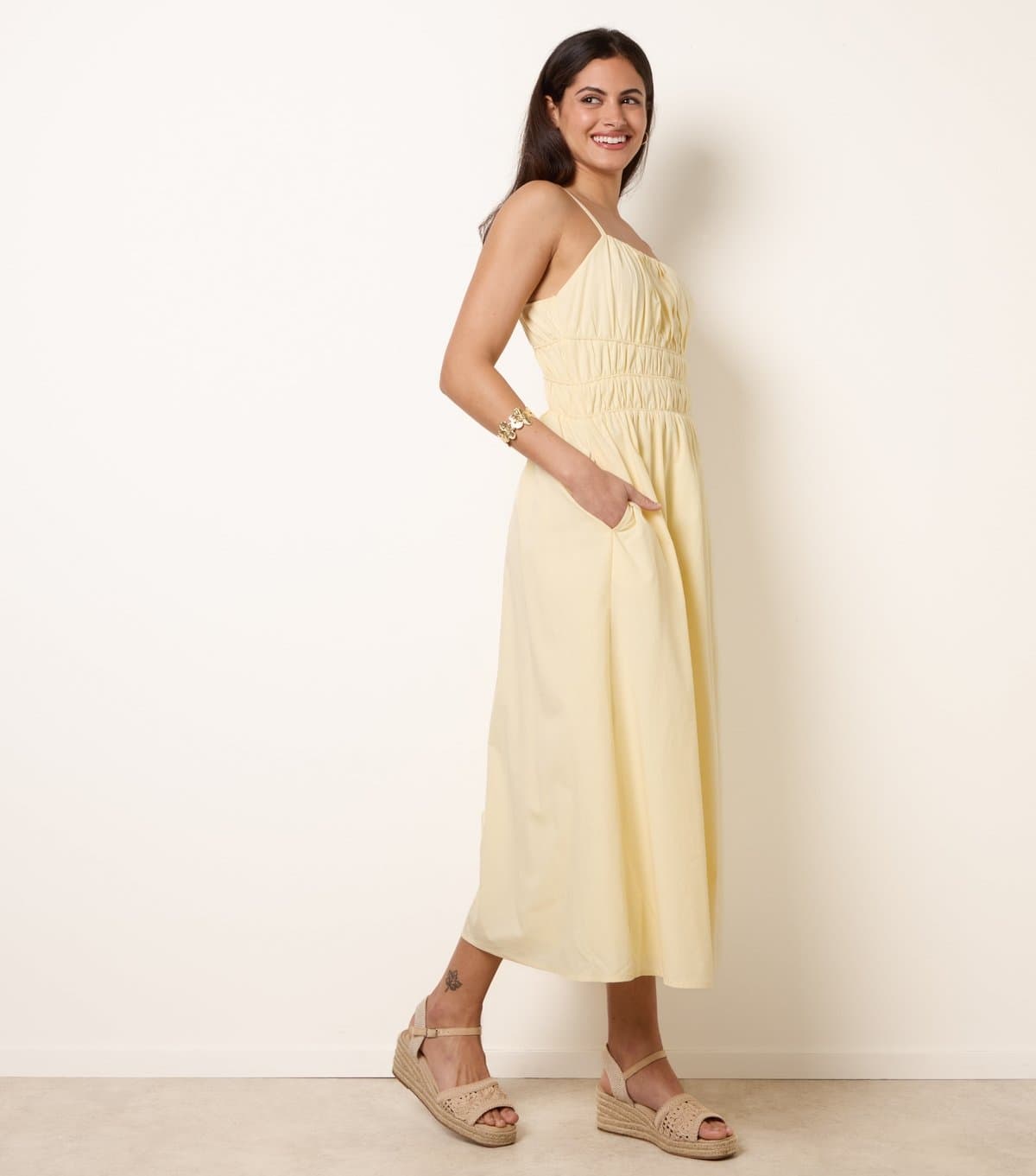 Blue Vanilla Women's Light Yellow Ruched Bust Strappy Midi Dress Blue Vanilla New Look