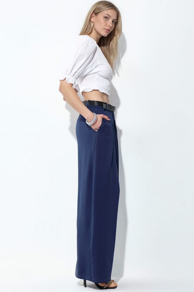 Busem Busem Women's High-Waist Wide-Leg Crepe Trousers With Belt in Navy - 2