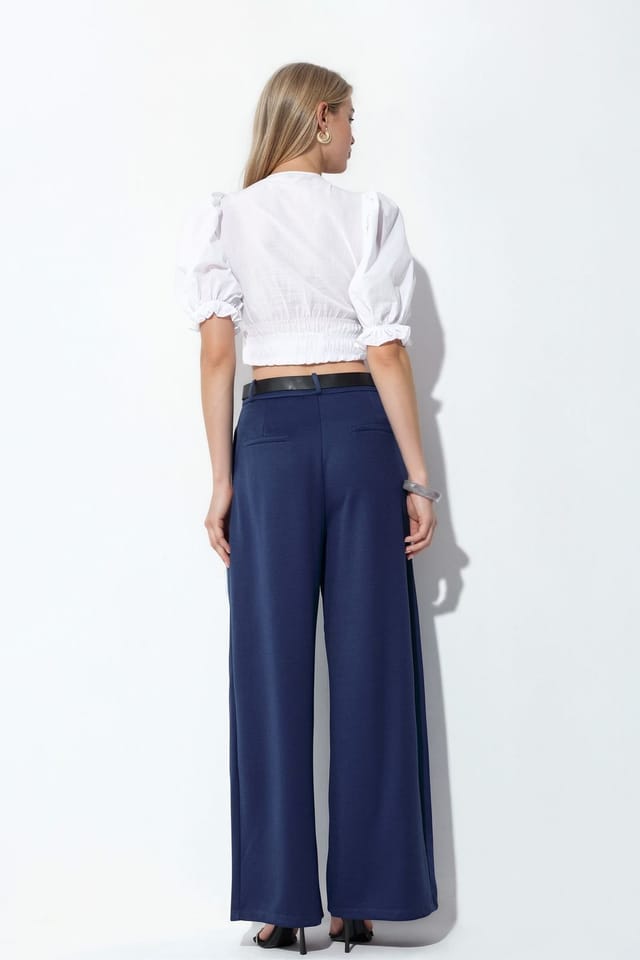 Busem Busem Women's High-Waist Wide-Leg Crepe Trousers With Belt in Navy - 3