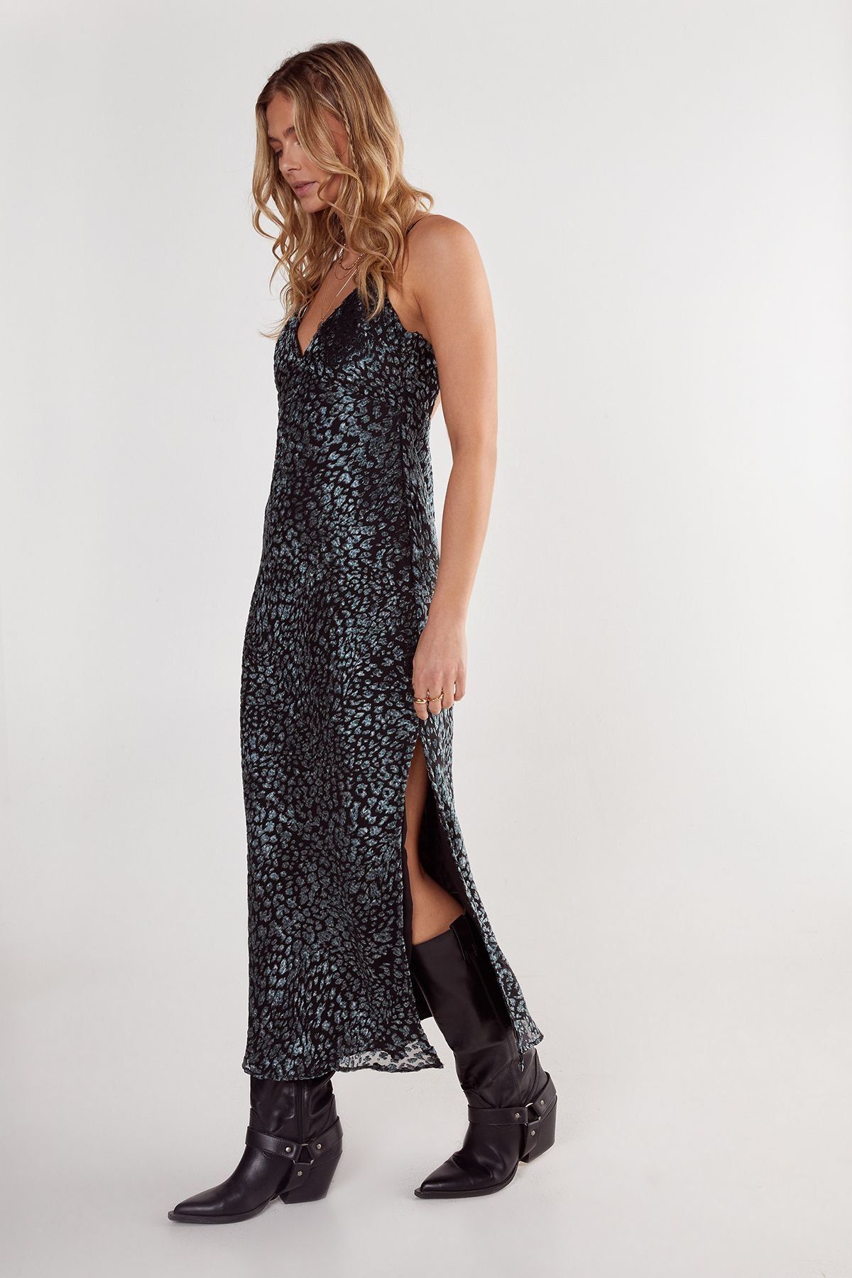 NastyGal NastyGal Women's Animal Devore Tie Back Split Leg Maxi Slip Dress in Blue - 3