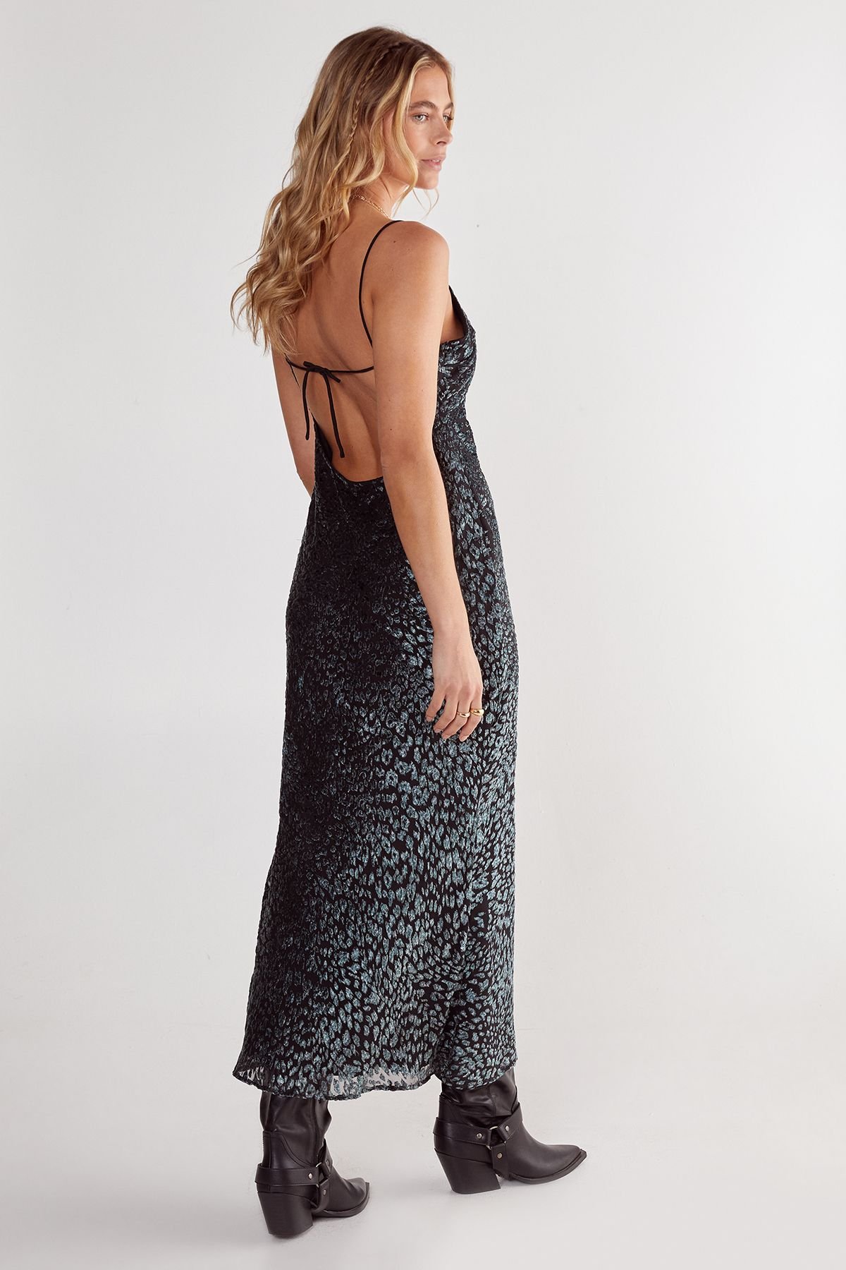 NastyGal NastyGal Women's Animal Devore Tie Back Split Leg Maxi Slip Dress in Blue - 4