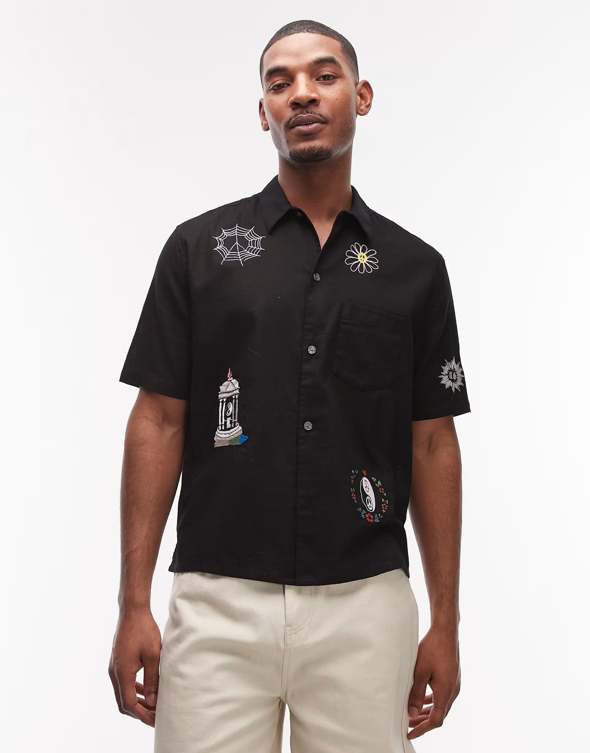 ASOS AllSaints Karlton short sleeve linen blend embroidered shirt in black
