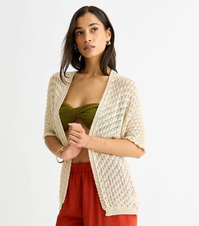 Gini London Women's Cream Short Sleeve Crochet Cardigan Gini London New Look - 2