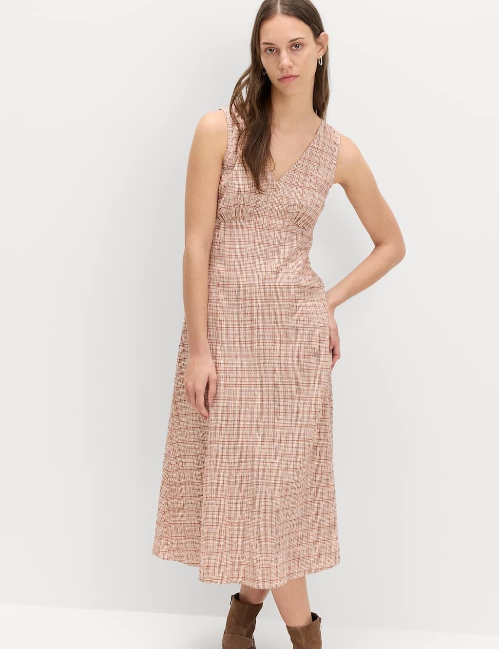 Marks & Spencer M&S Cotton Rich Textured Printed Midi Tea Dress Brown Mix
