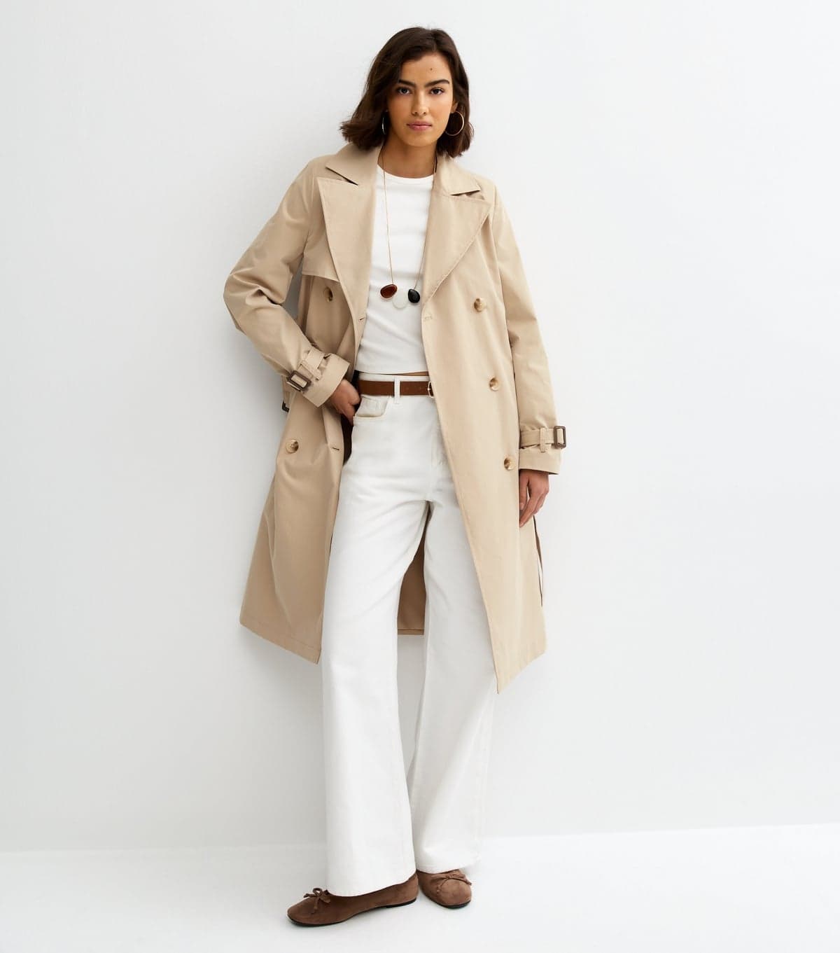 New Look Women's Stone Double Breasted Belted Trench Coat New Look