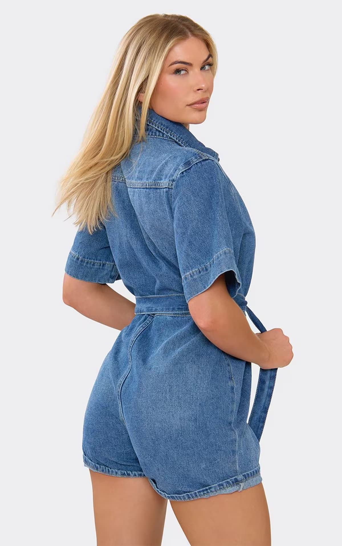 EGO Short Sleeve Zip Down Tie Waist Playsuit In Blue Denim, Women's Size UK 6