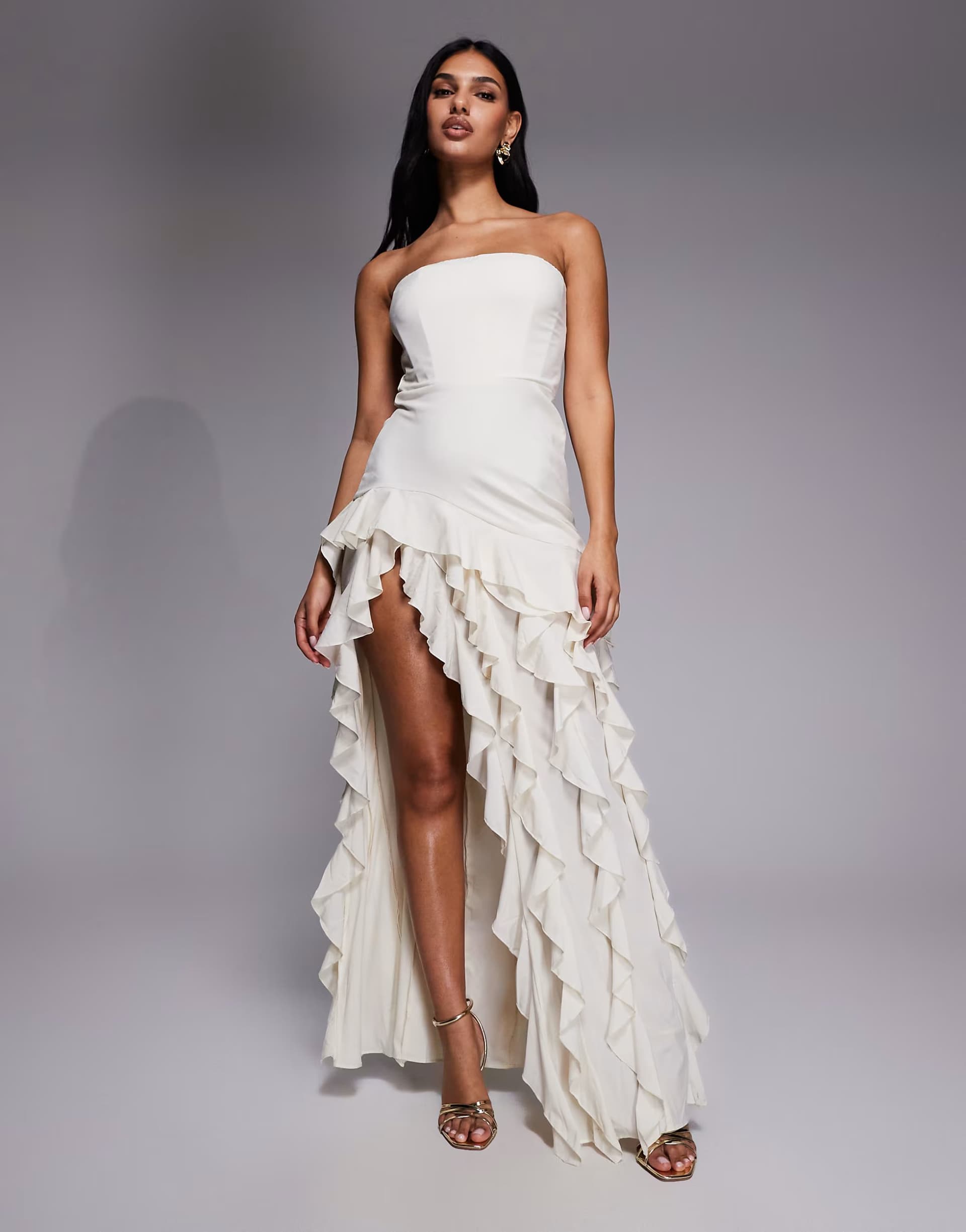 ASOS Oh Polly Diletta ruffle-trim strapless maxi dress in Ivory