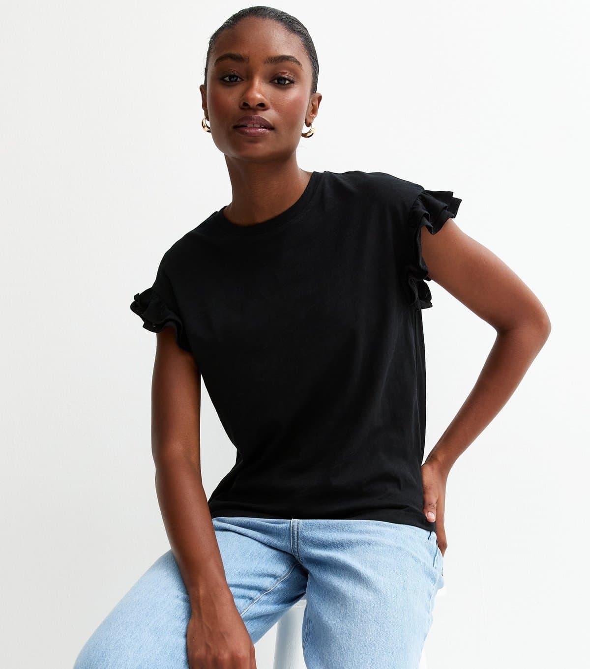 New Look Women's Black Cotton Slub Frill Sleeve T-Shirt New Look