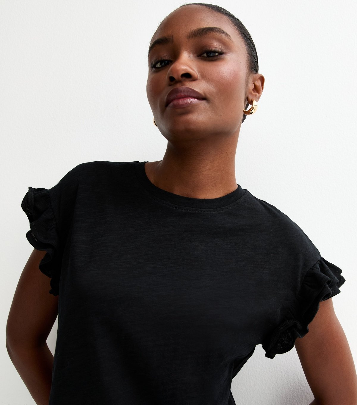 New Look Women's Black Cotton Slub Frill Sleeve T-Shirt New Look - 2