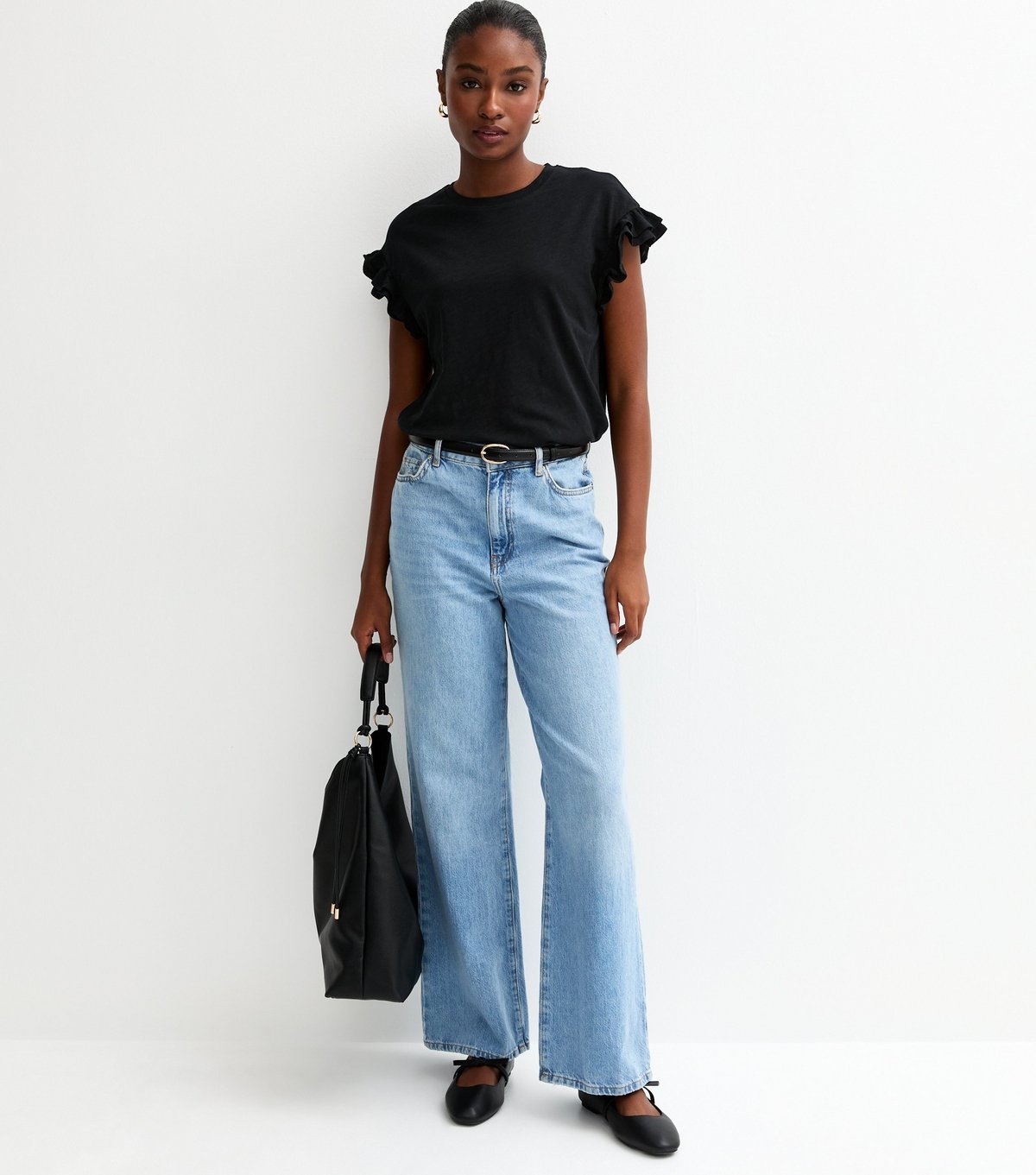 New Look Women's Black Cotton Slub Frill Sleeve T-Shirt New Look - 3