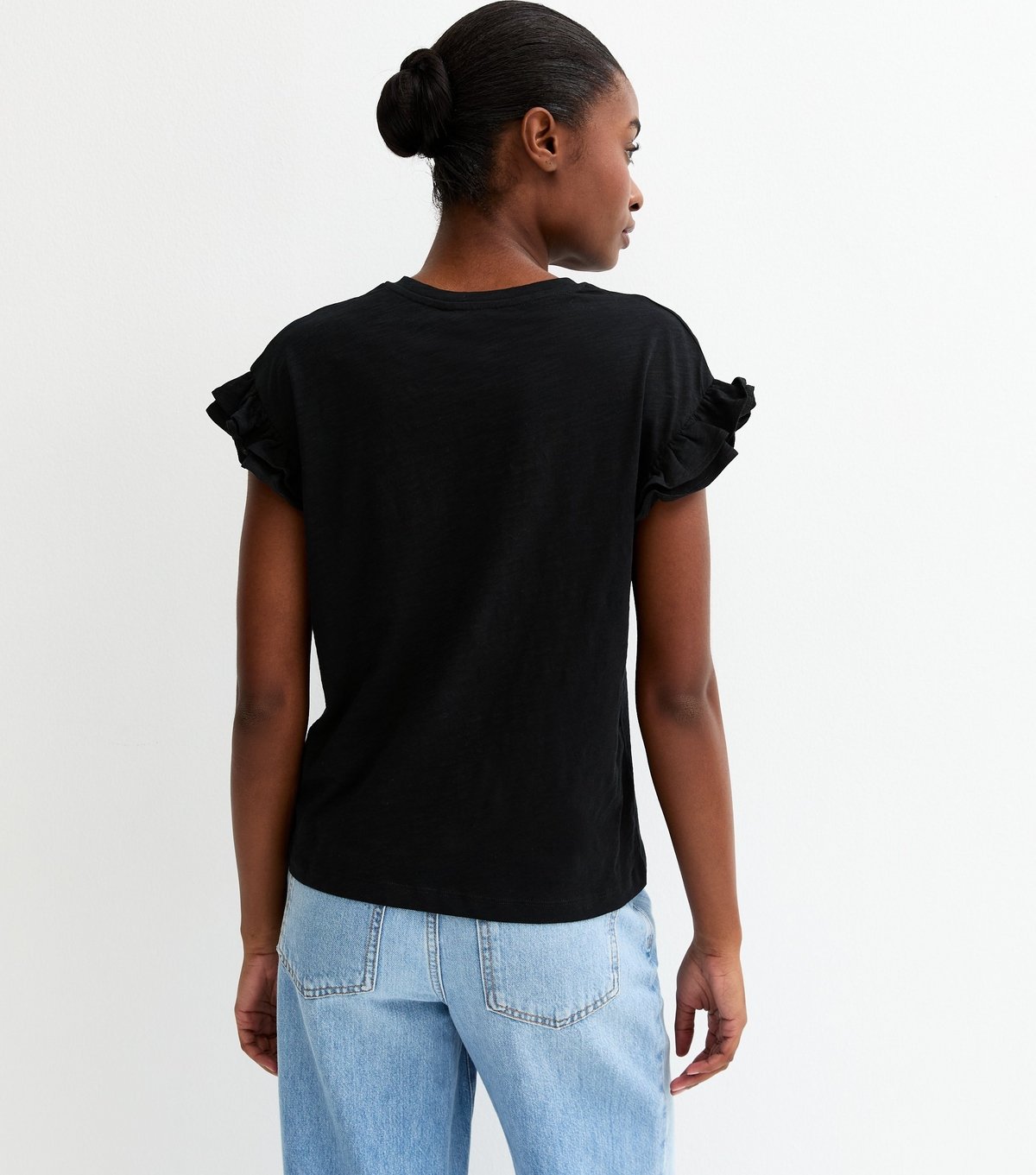 New Look Women's Black Cotton Slub Frill Sleeve T-Shirt New Look - 4