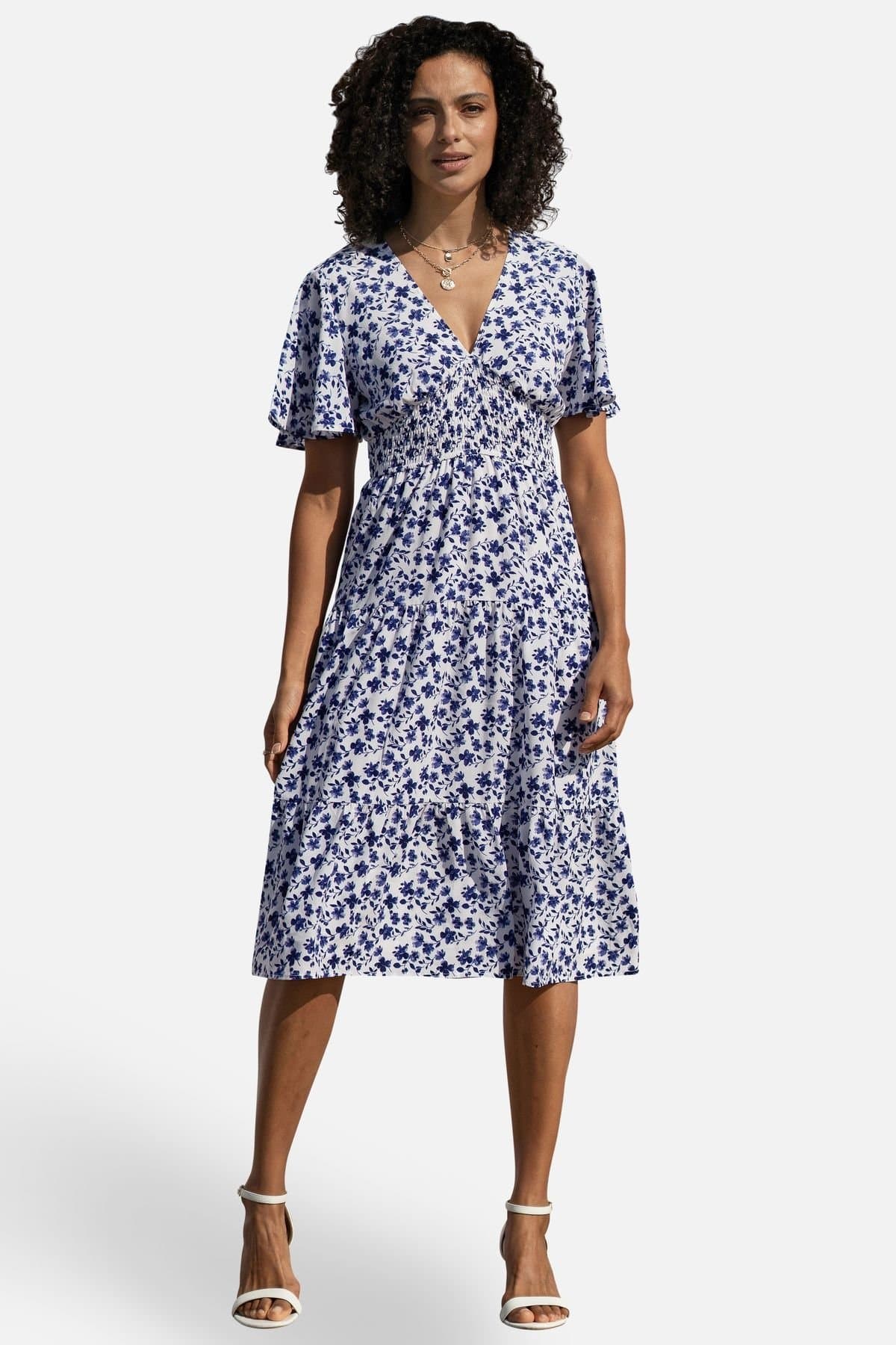 Yumi Yumi Women's Blue Floral Ruched Waist Midi Dress With Angel Sleeves in White