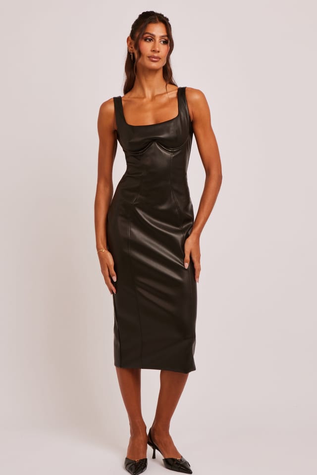 Jaded Rose Jaded Rose Women's Lerisa Black Faux Leather Square Neck Midi Dress - 2