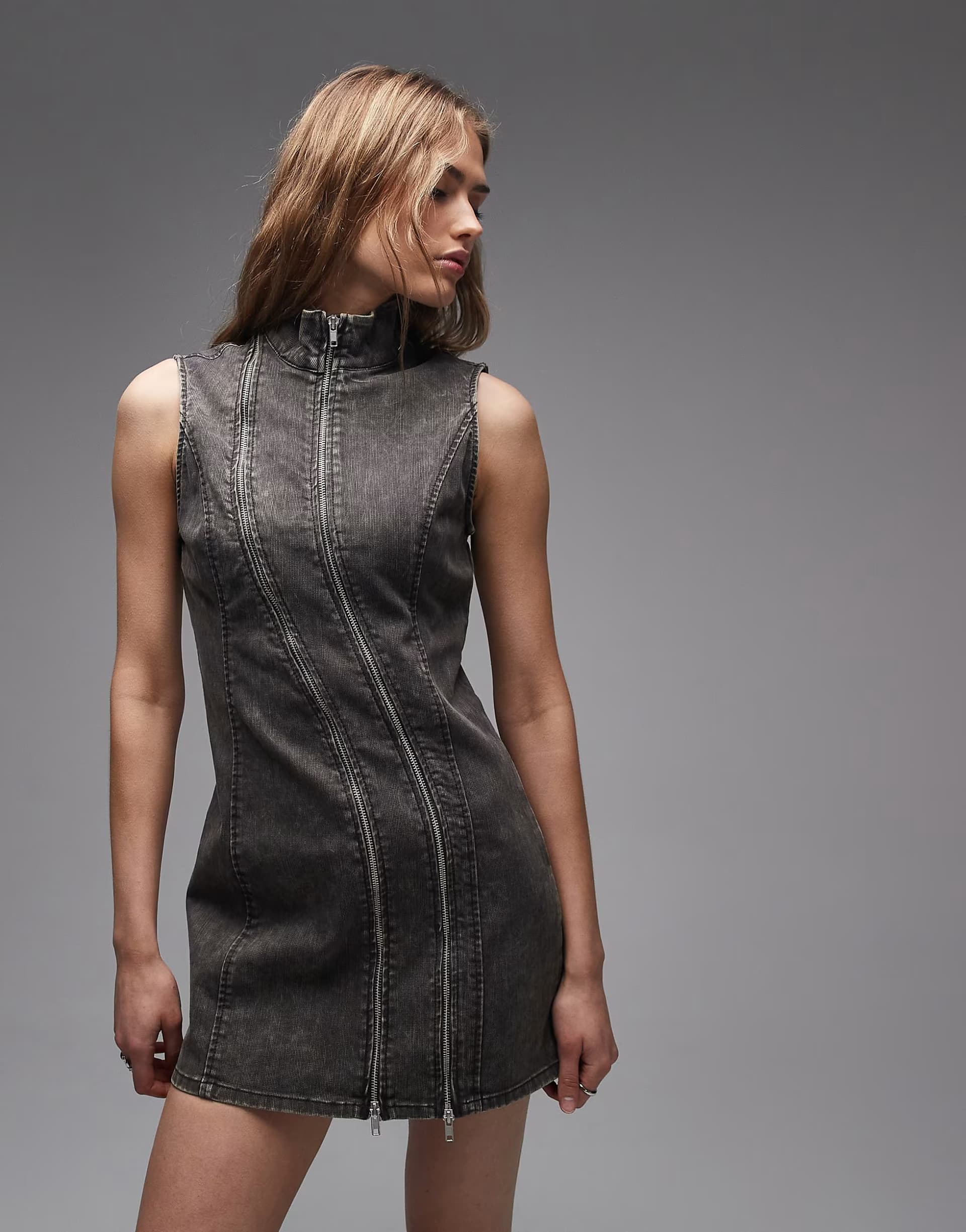 ASOS Weekday high neck mini dress with zip detail in washed grey