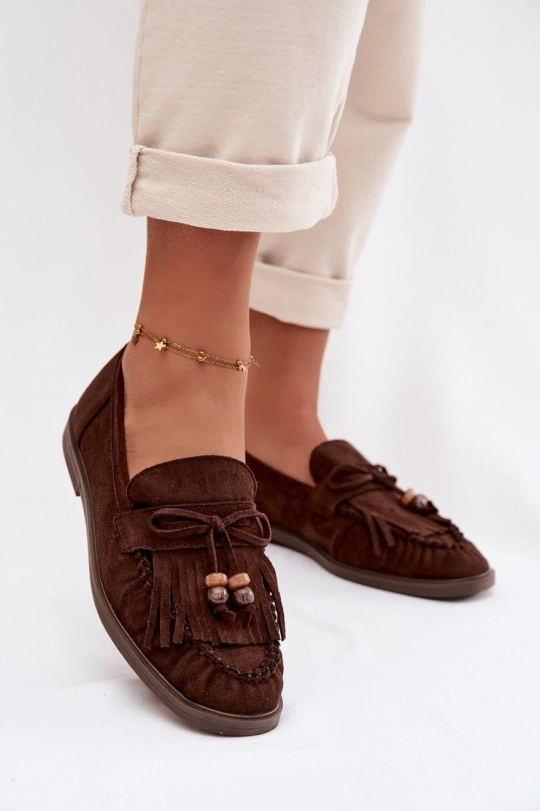 Love Lace Love Lace Women's Suede Moccasins with Fringe Detail & Beaded Bow Slip On in Brown