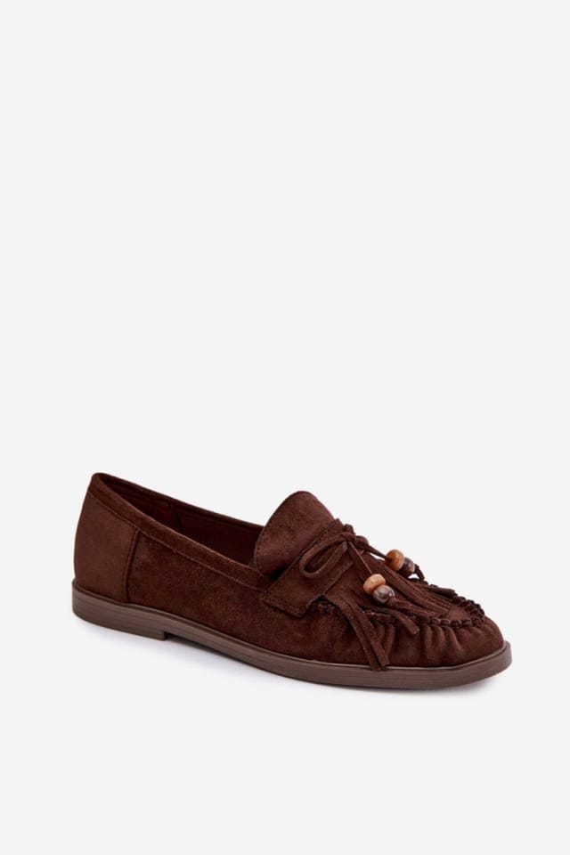 Love Lace Love Lace Women's Suede Moccasins with Fringe Detail & Beaded Bow Slip On in Brown - 2