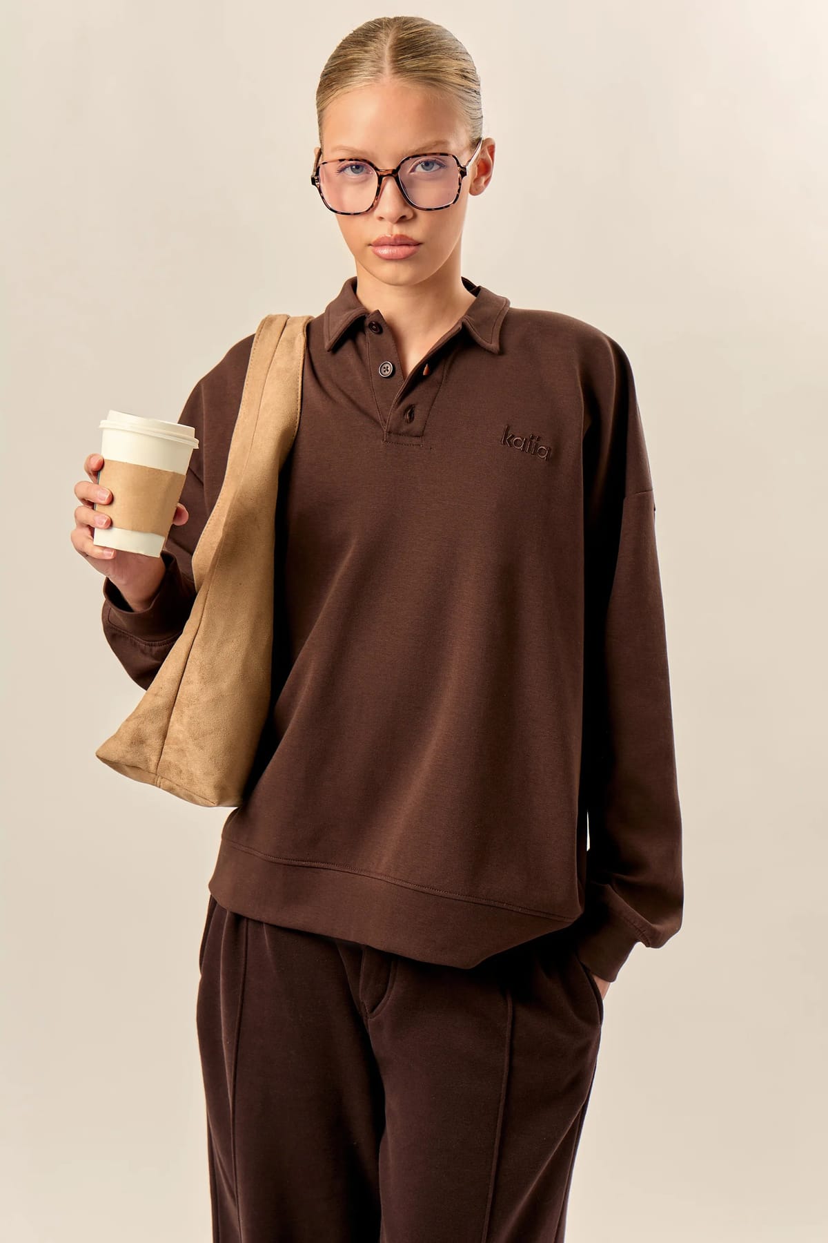 Kaiia Kaiia Interlock Oversized Polo Style Button Sweatshirt Bitter Chocolate - 1