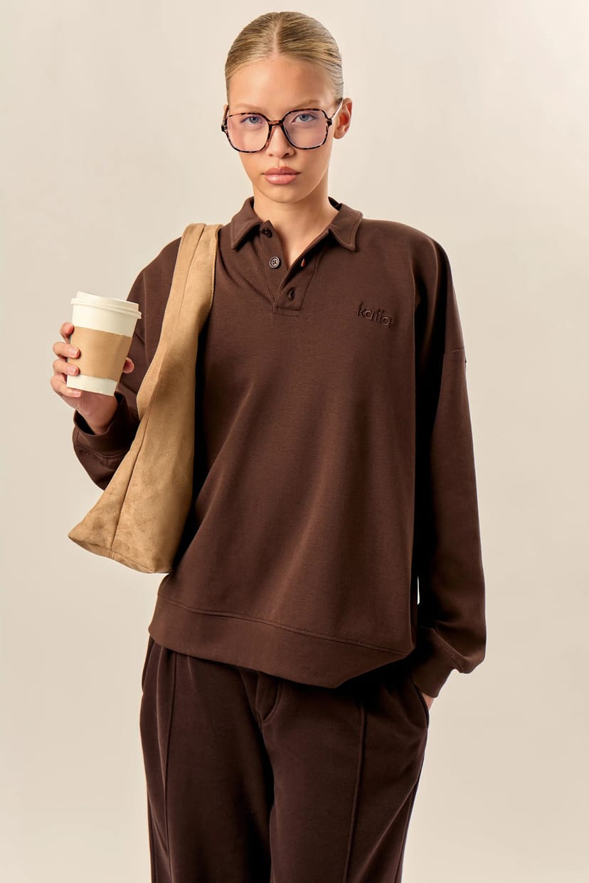 Kaiia Kaiia Interlock Oversized Polo Style Button Sweatshirt Bitter Chocolate - 1