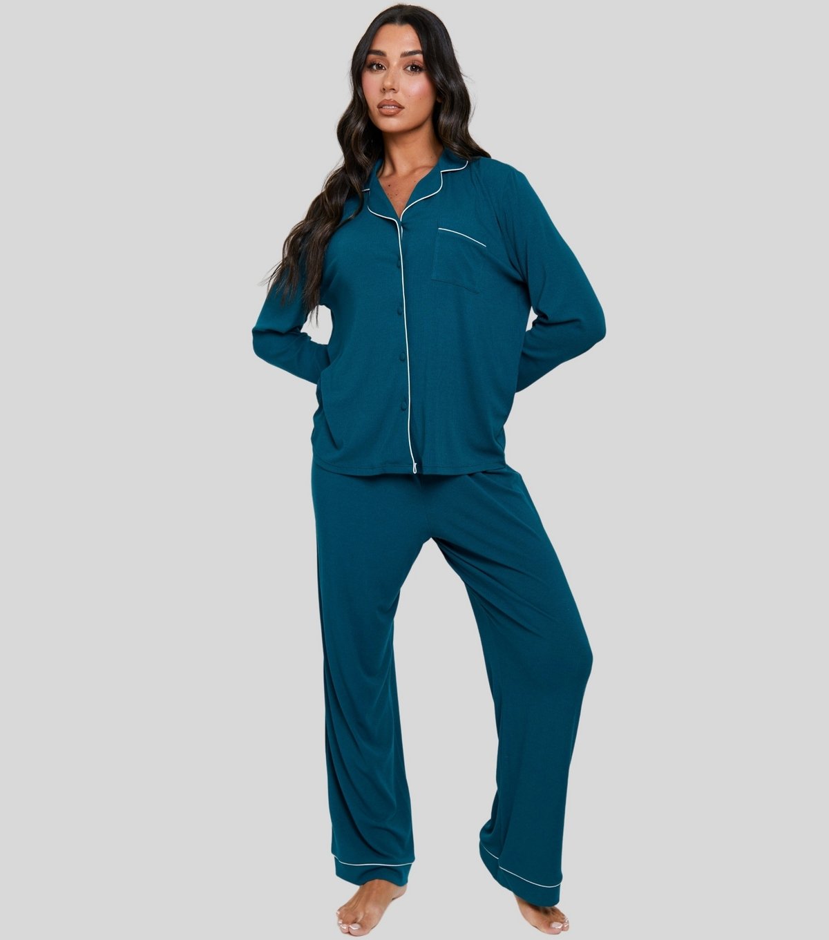 Loungeable Women's Teal Contrast Piping Shirt and Trousers Pyjama Set Loungeable New Look - 2