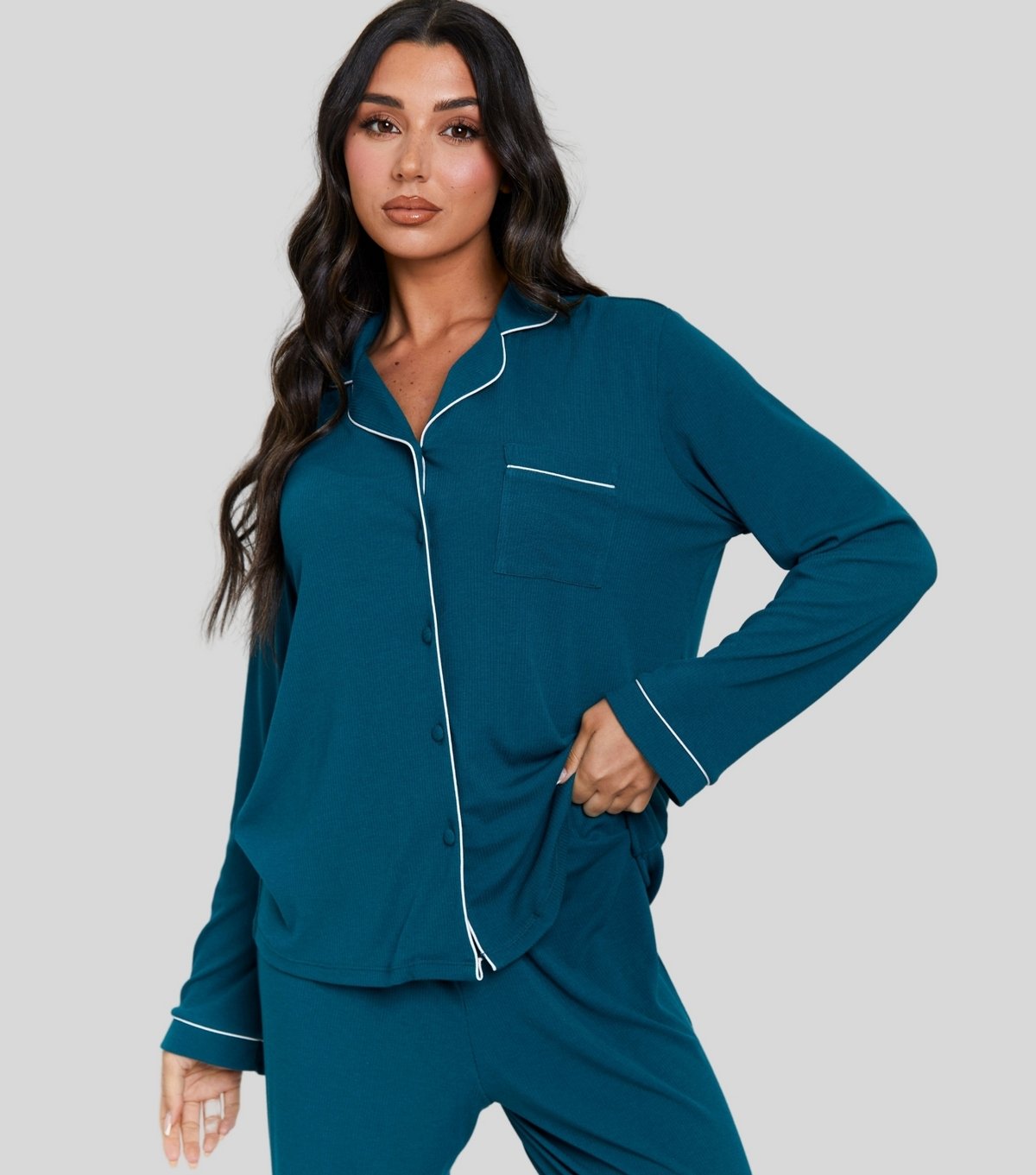 Loungeable Women's Teal Contrast Piping Shirt and Trousers Pyjama Set Loungeable New Look - 3