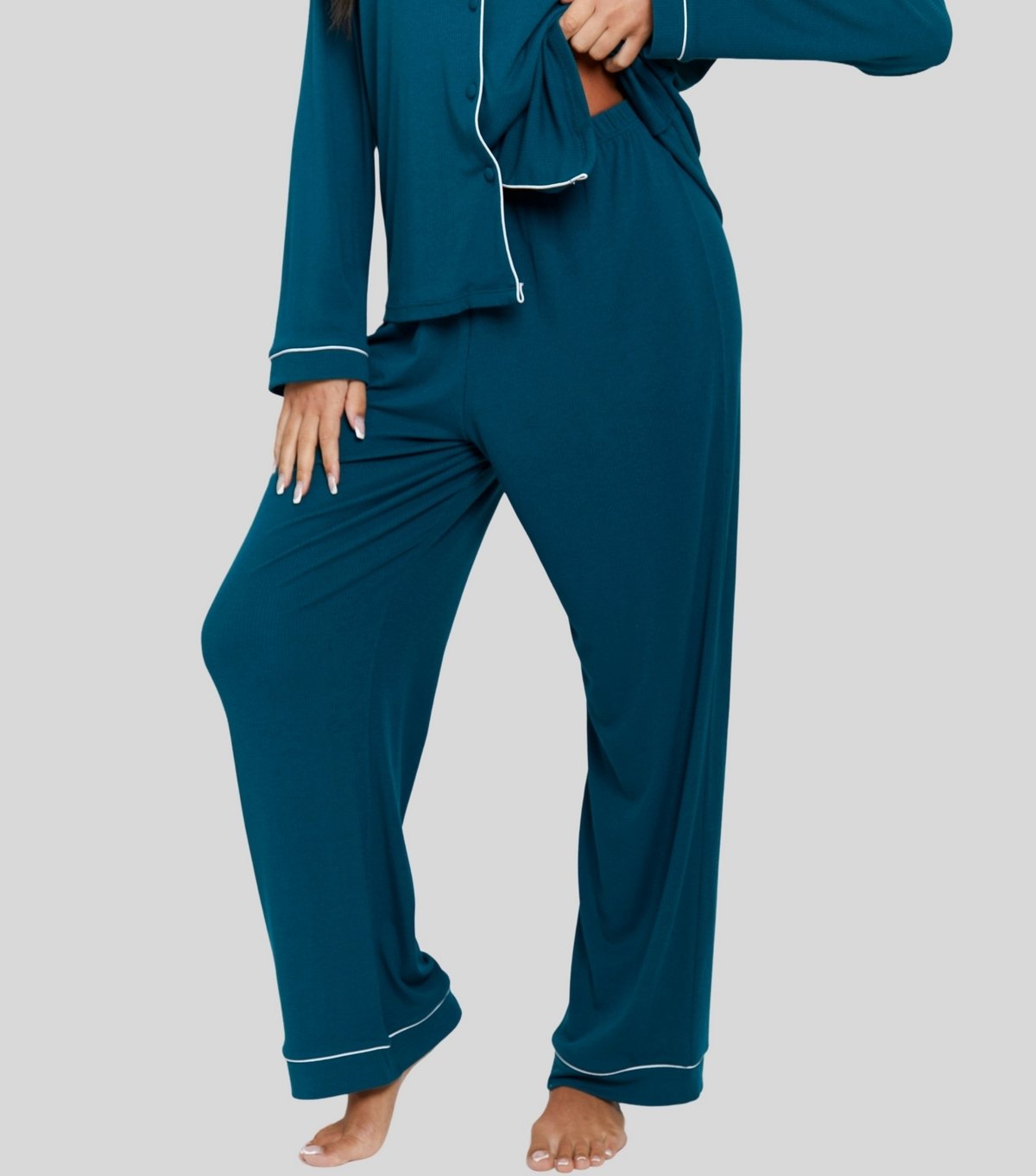 Loungeable Women's Teal Contrast Piping Shirt and Trousers Pyjama Set Loungeable New Look - 4