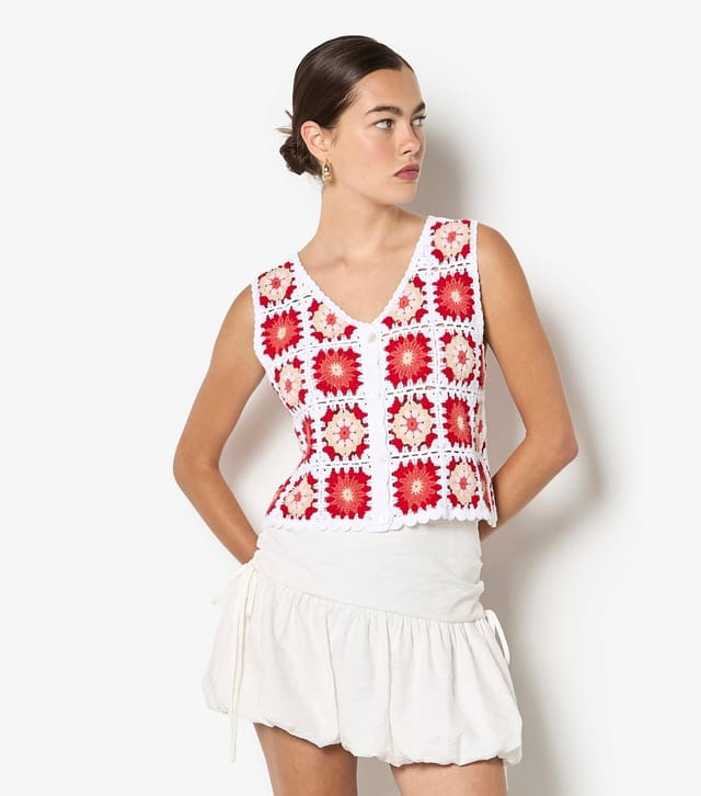 Apricot Women's Red Floral Crochet Button Through Vest Apricot New Look - 3