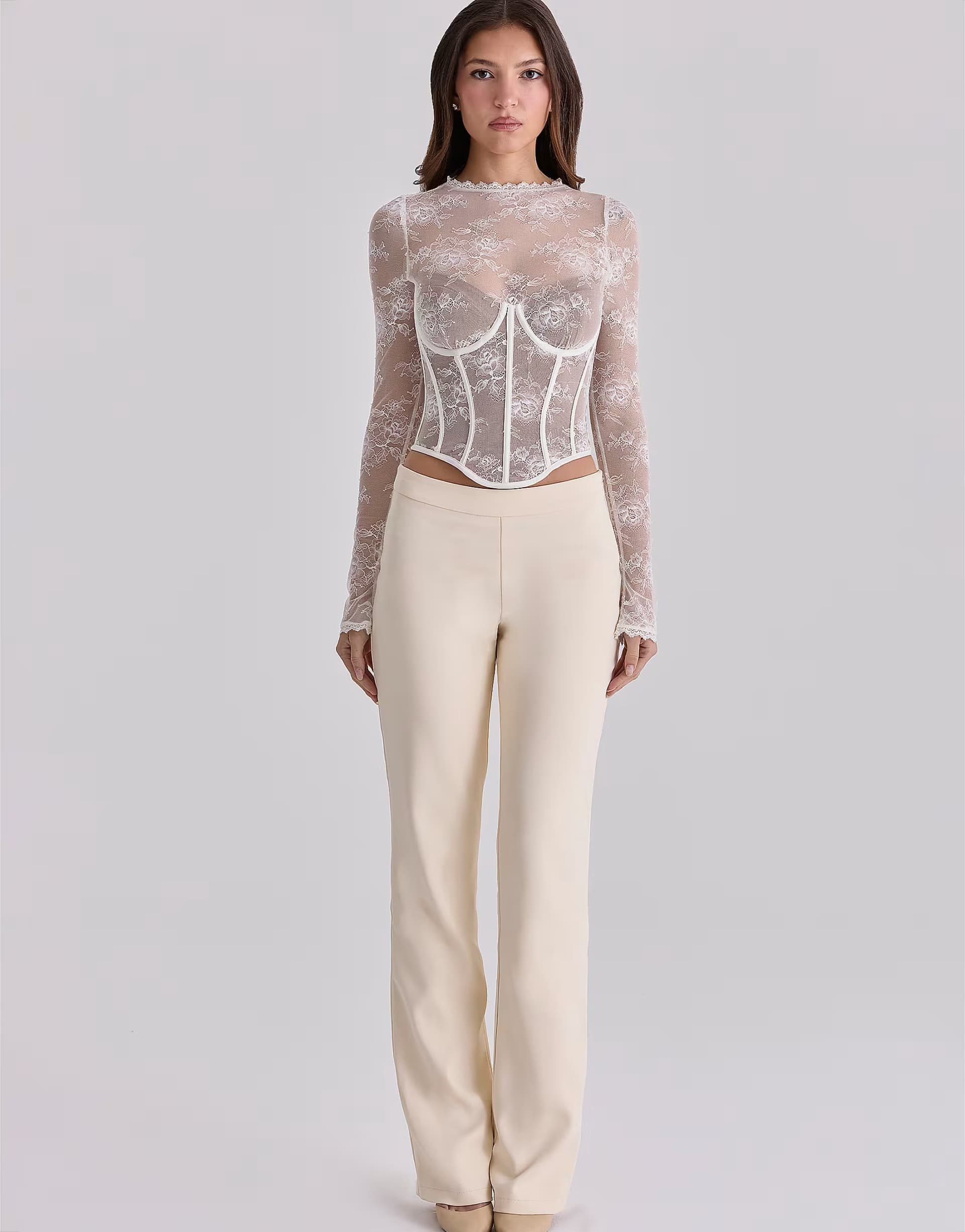 ASOS House of CB Zoe vintage ivory lace long sleeve corset top in vintage ivory