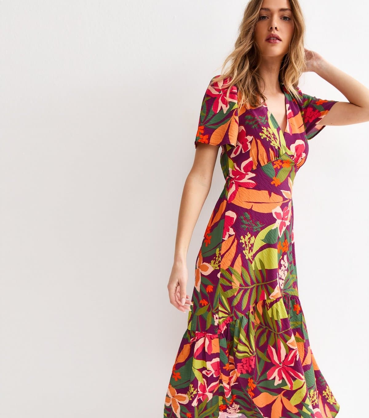 New Look Women's Purple Crinkle Texture Leaf Print Tiered Midi Tea Dress New Look