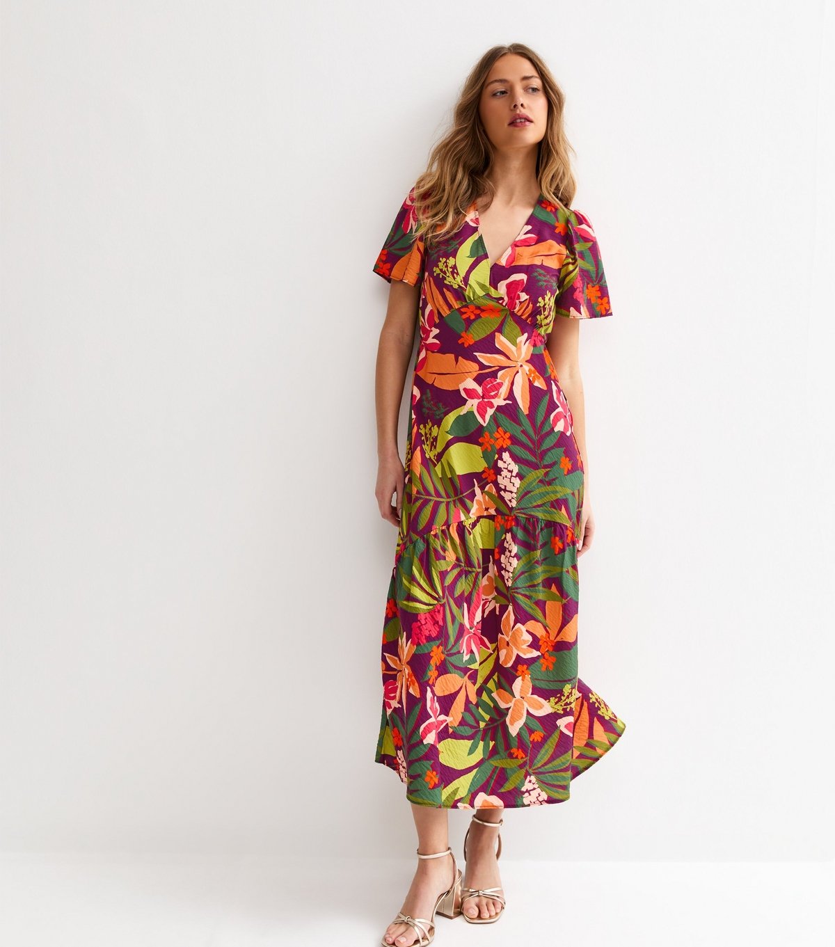 New Look Women's Purple Crinkle Texture Leaf Print Tiered Midi Tea Dress New Look - 2