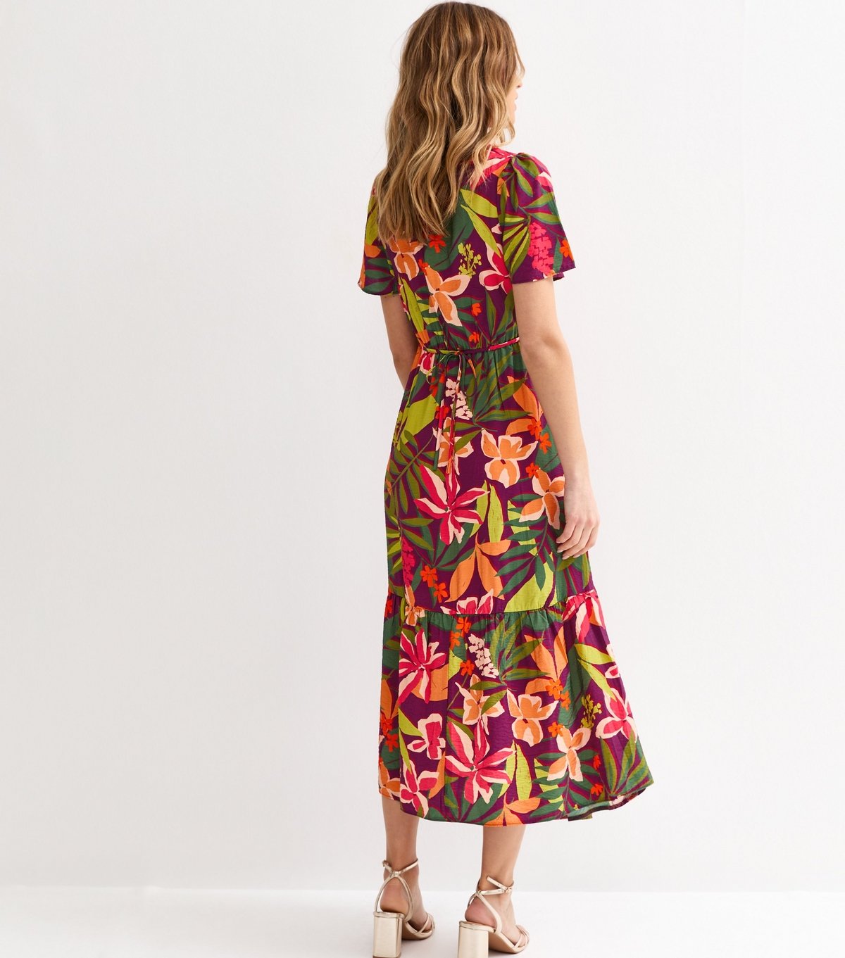 New Look Women's Purple Crinkle Texture Leaf Print Tiered Midi Tea Dress New Look - 4