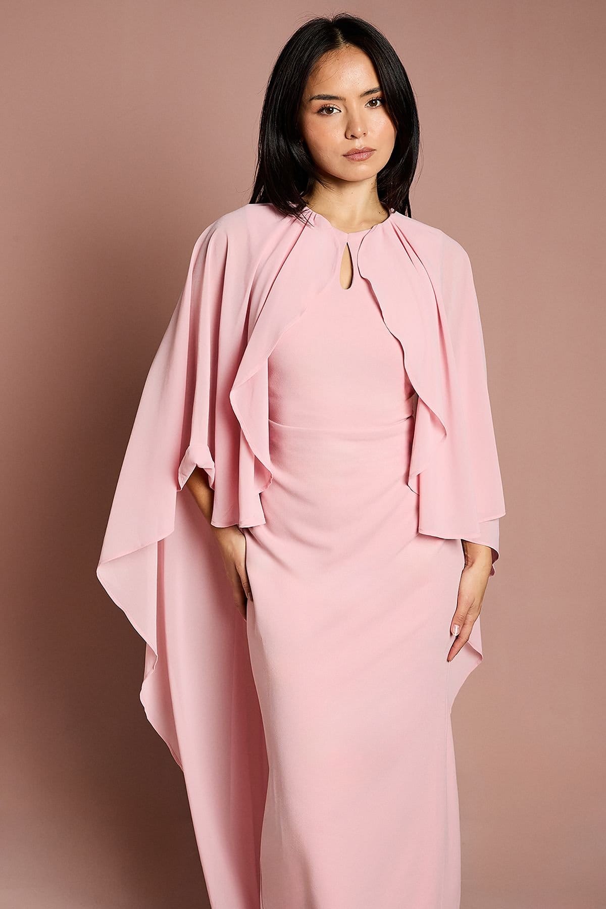 Coast Coast Women's Petite Ruffle Chiffon Cape Crepe Maxi Dress in Blush - 4