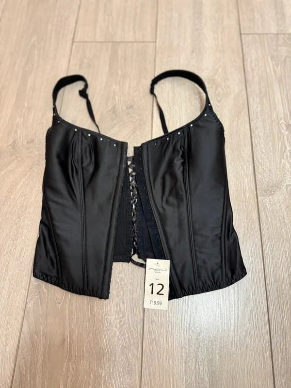 New Look BNWT New Look Black Satin Lace Corset Top Basque Body Shaper Silver Stud Detail Party Goth Size 12