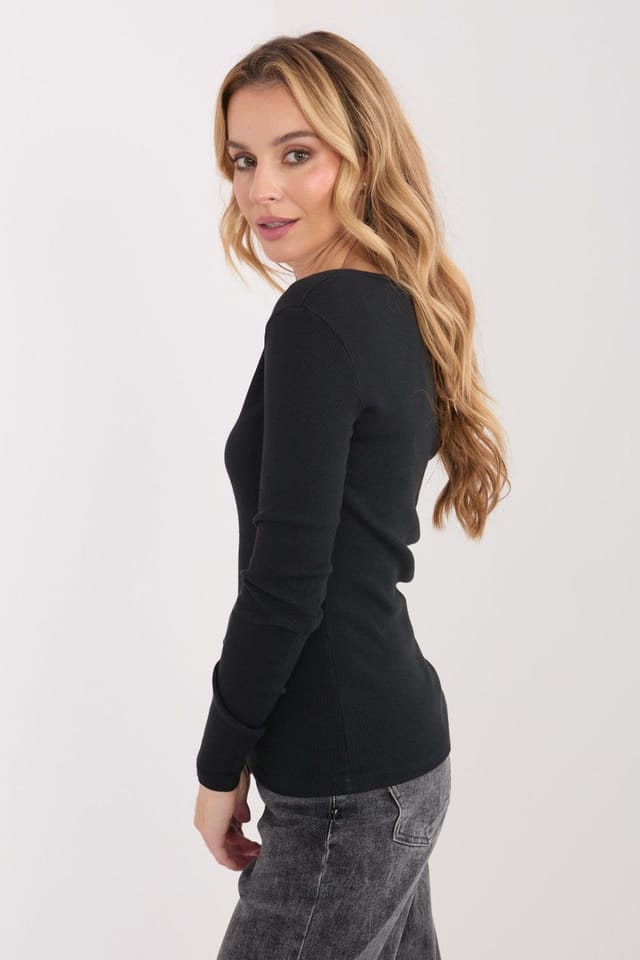 Love Lace Love Lace Women's Ribbed Cotton Fitted V Neck Long Sleeve Blouse in Black - 2