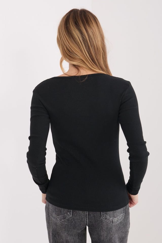 Love Lace Love Lace Women's Ribbed Cotton Fitted V Neck Long Sleeve Blouse in Black - 3