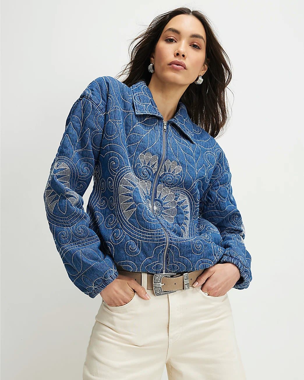 River Island River Island Womens Blue Denim Embroidered Quilted Bomber Jacket