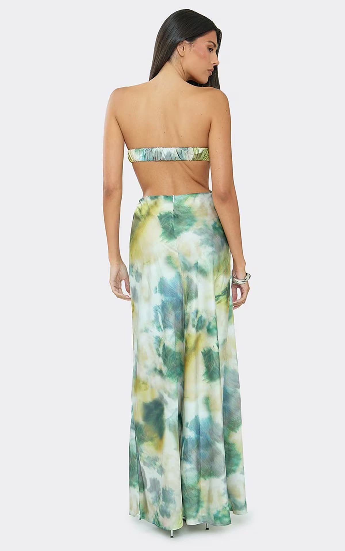 EGO Bandeau Trim Detail Cut Out Maxi Dress In Green Multi Abstract Print, Women's Size UK 10