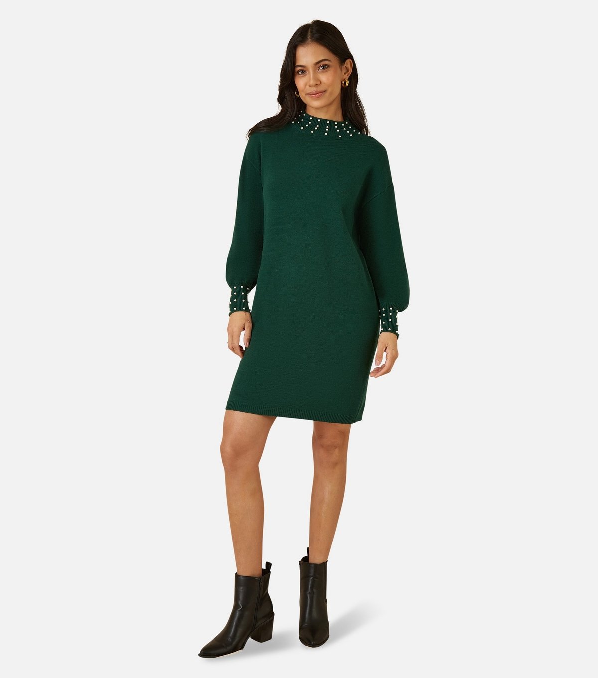 Yumi Women's Green Faux Pearl Necklace Knit Dress Yumi New Look - 2