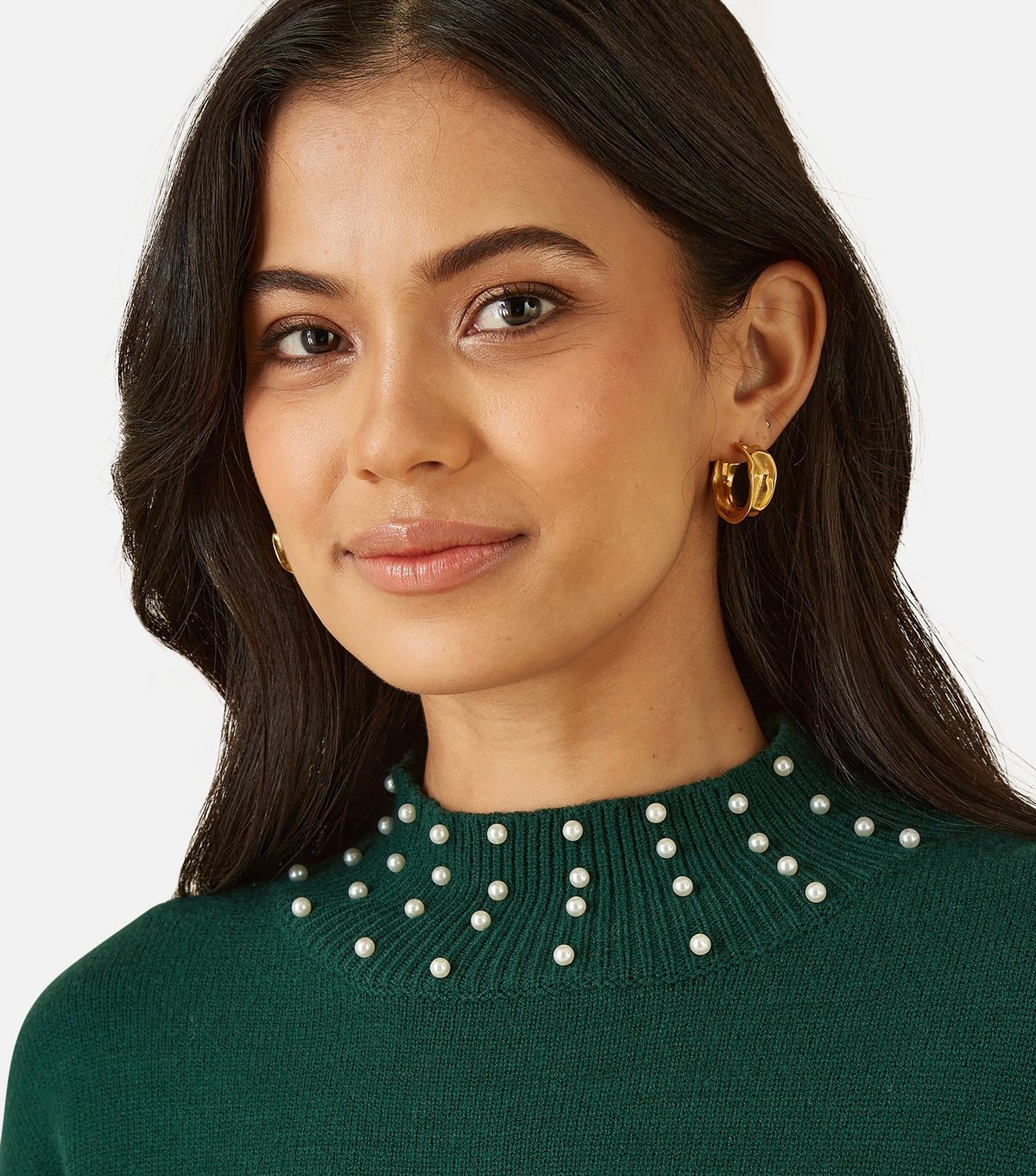 Yumi Women's Green Faux Pearl Necklace Knit Dress Yumi New Look - 3