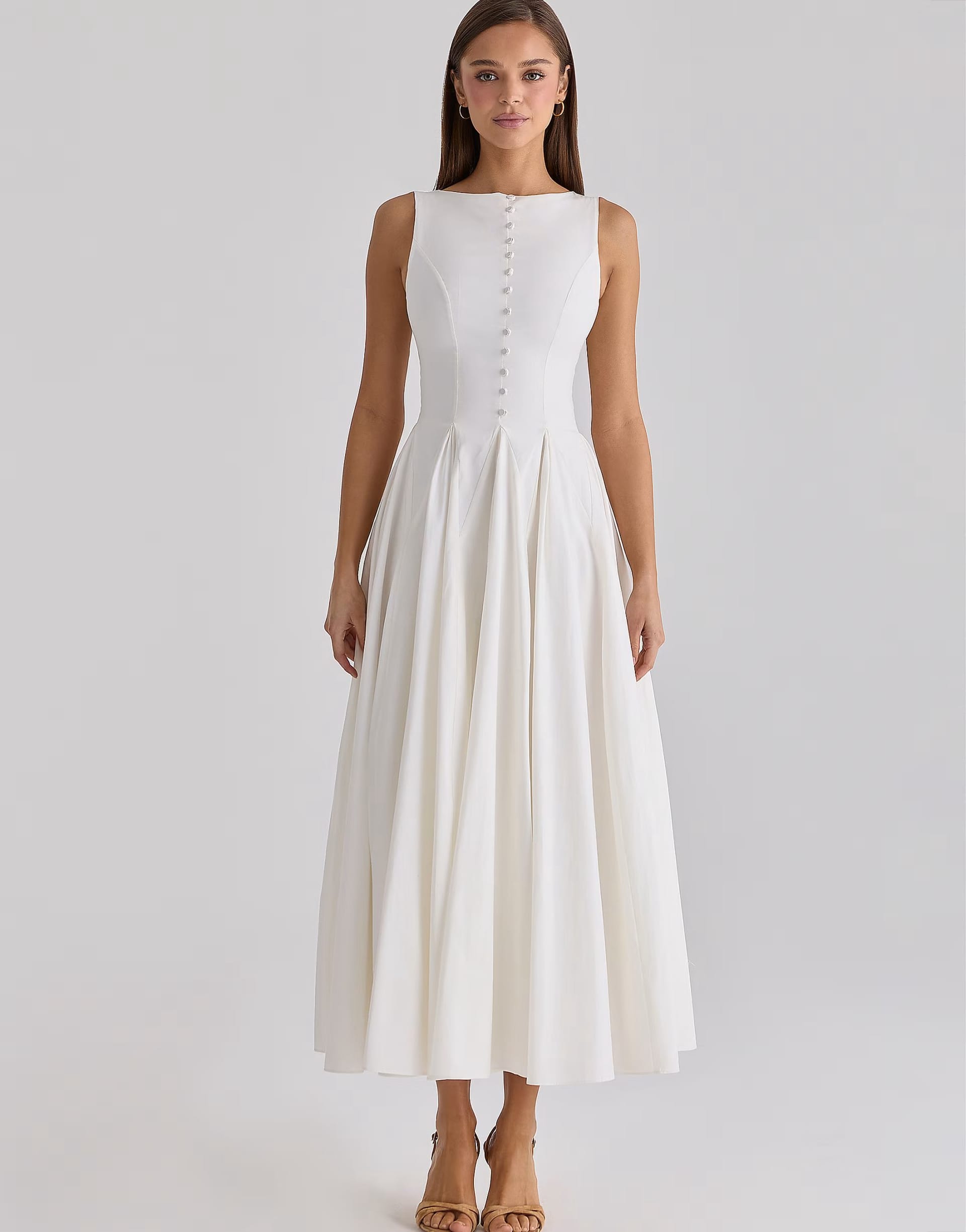 House of CB White Cotton Boat Neck Button Front Maxi Dress