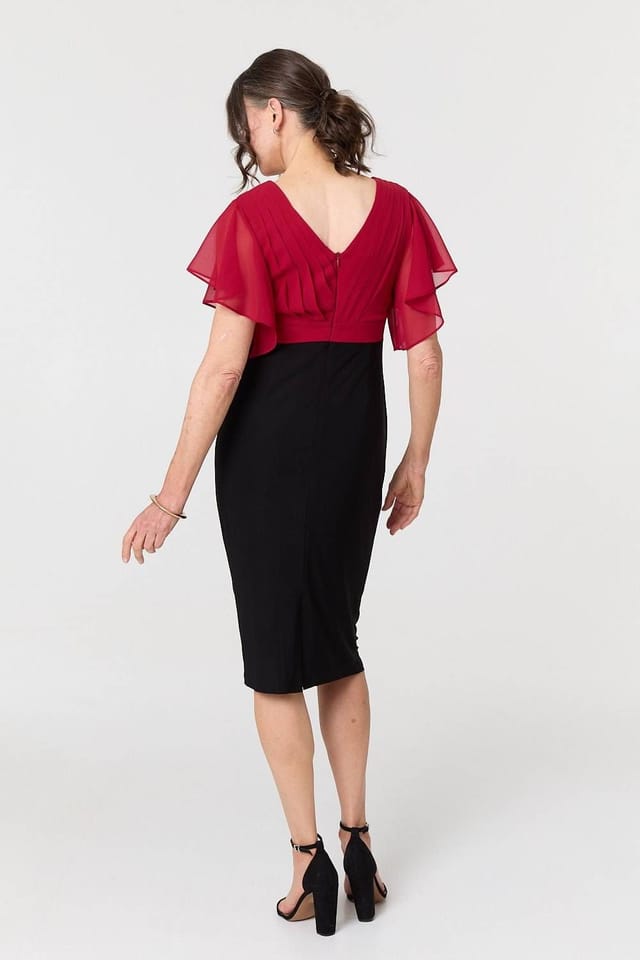 Izabel London Izabel London Women's Colour Block Sheer Sleeve Midi Dress in Red - 3