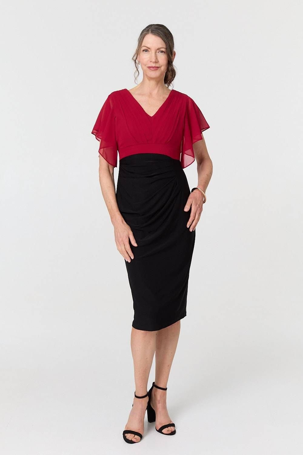 Izabel London Izabel London Women's Colour Block Sheer Sleeve Midi Dress in Red - 4